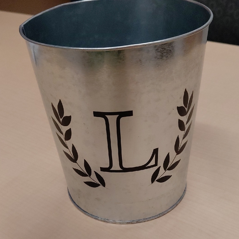 Galvanized Metal Decorative Bucket with Laurel Initial L